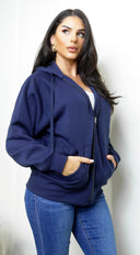 Off Duty Zip Up Boyfriend Hoodie in Navy side profile view on model