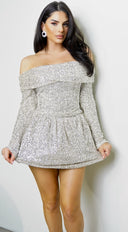 Kalyra Off Shoulder Balloon Top & Skirt Set in Beige close-up of off-shoulder neckline