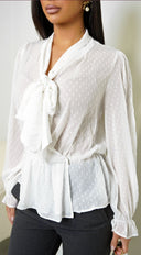 Elle Swiss Dot Front Tie Blouse Top - White