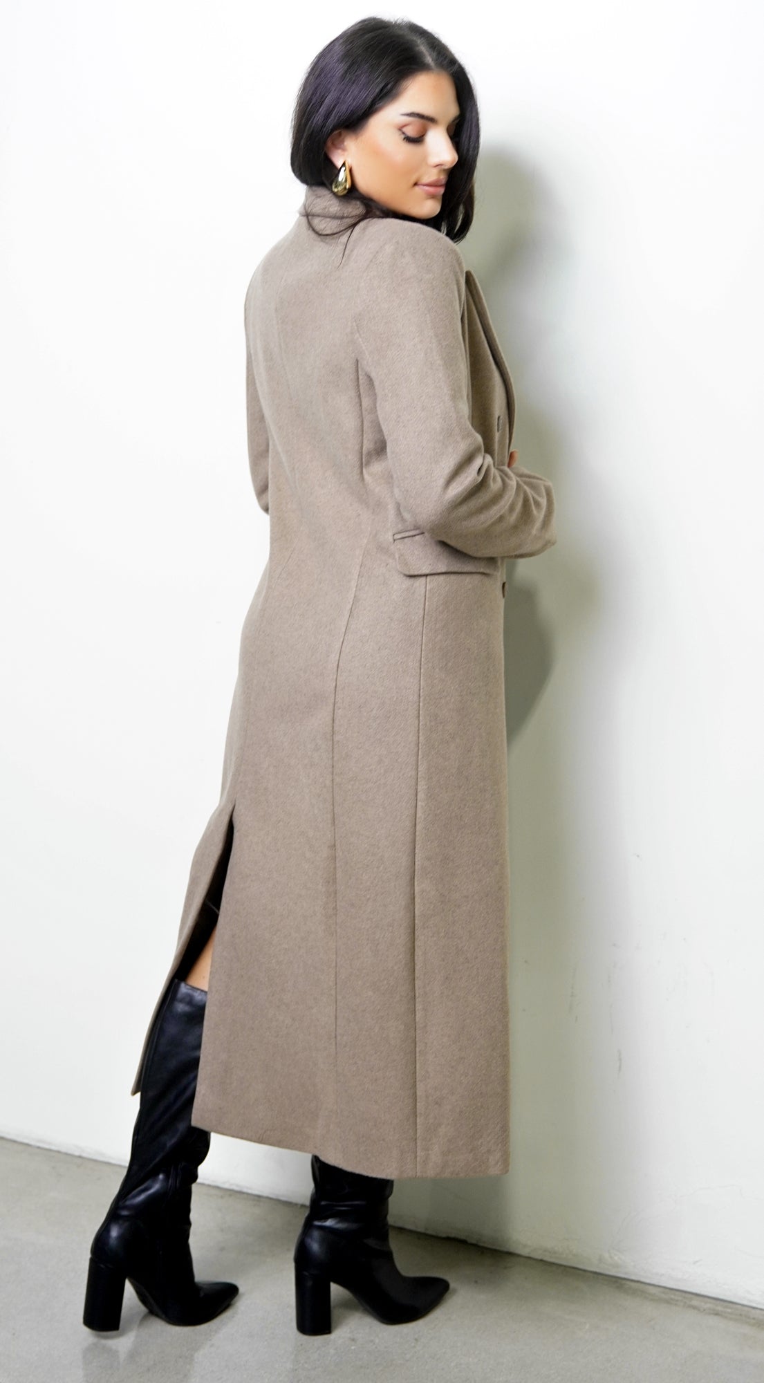 Rita Double-Breasted Longline Notch Collar Coat - Mocha