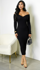 Lio Off Shoulder Ribbed Midi Dress - Black