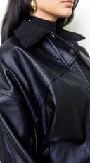 Rhéa Shearling Collar PU Leather Jacket - Black