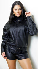 Rhéa Shearling Collar PU Leather Jacket - Black