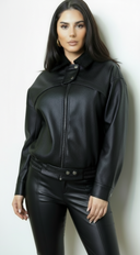 Rhéa Shearling Collar PU Leather Jacket - Black