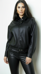 Rhéa Shearling Collar PU Leather Jacket - Black
