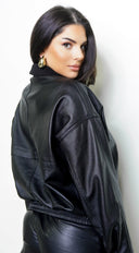 Rhéa Shearling Collar PU Leather Jacket - Black