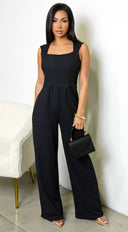 Priya Square Neck Sleeveless Textured Jumpsuit - Black