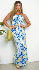 July Tube Front Tie Multi Color Print Wide Leg Jumpsuit - Blue
