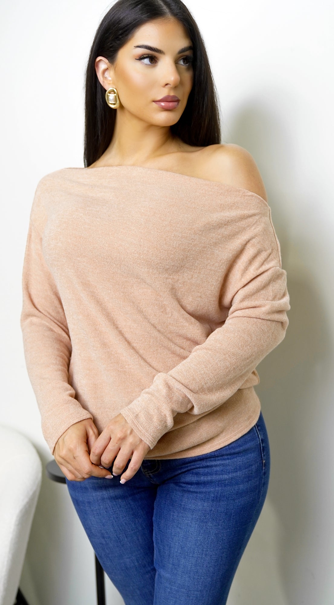 Tala Slouch Off Shoulder Knit Sweater - Peach