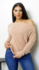 Tala Slouch Off Shoulder Knit Sweater - Peach