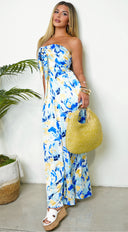 July Tube Front Tie Multi Color Print Wide Leg Jumpsuit - Blue