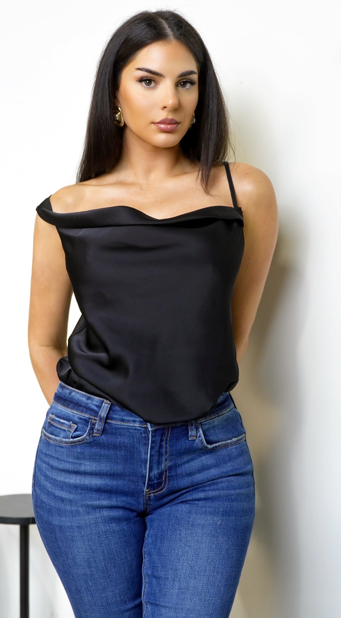 Celestine Satin Cowl Neck Bodysuit - Black