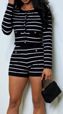 Angelika Stripe Button Down Cardigan Shorts Set side profile view on model