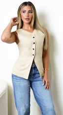 Kylie Button Down Linen Vest - Beige