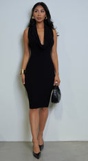 Nilly Cowl Neck Ribbed Midi Dress - Black