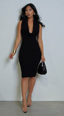 Nilly Cowl Neck Ribbed Midi Dress - Black