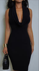 Nilly Cowl Neck Ribbed Midi Dress - Black