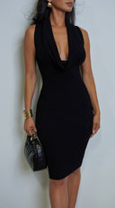 Nilly Cowl Neck Ribbed Midi Dress - Black