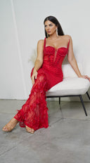 Orlisse Rhinestone Feather Maxi Dress - Red