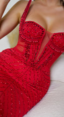 Orlisse Rhinestone Feather Maxi Dress - Red