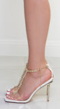Adore White Rhinestone T Strap Square Toe Heel Sandals