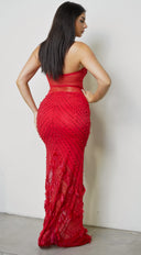 Orlisse Rhinestone Feather Maxi Dress - Red