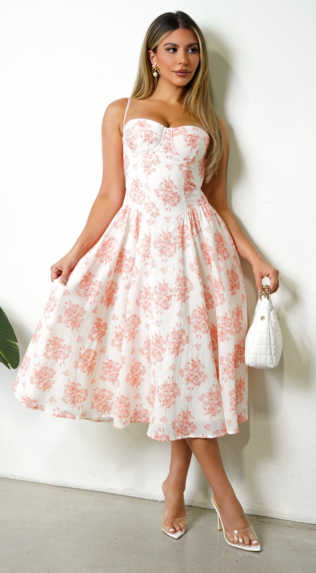 white dress with orange flowers Knox Floral Flare Midi - ASOS EDITION stacked multi Pair it with simple color-family:BROWN Size:Medium (6)
