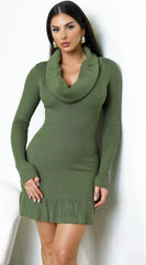Velmira Cowl Neck Ribbed Mini Dress - Green