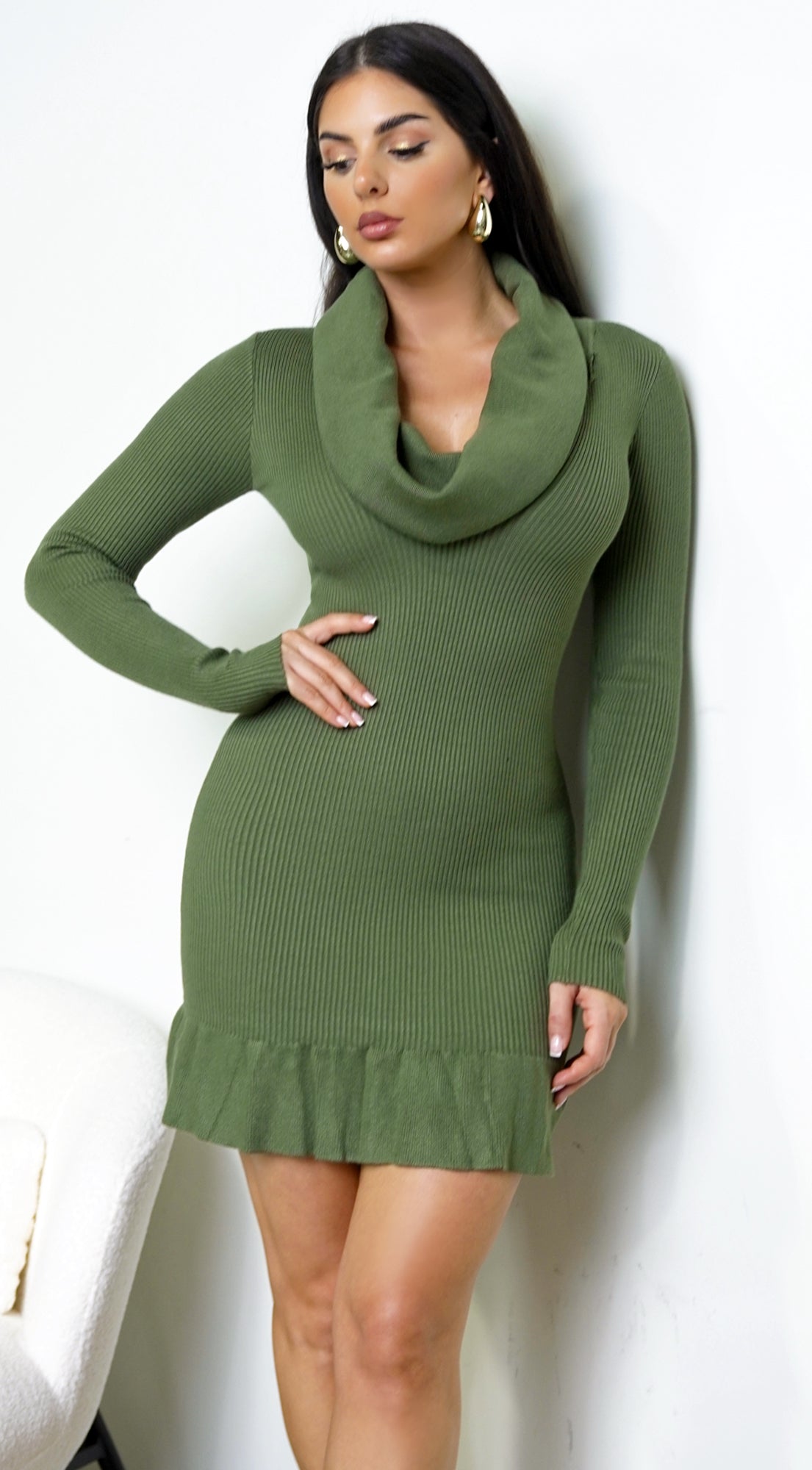 Velmira Cowl Neck Ribbed Mini Dress - Green