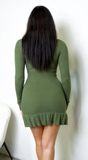 Velmira Cowl Neck Ribbed Mini Dress - Green