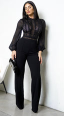 Nerine Crochet Lace Mesh Jumpsuit - Black