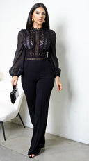 Nerine Crochet Lace Mesh Jumpsuit - Black