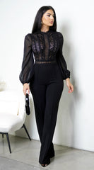 Nerine Crochet Lace Mesh Jumpsuit - Black