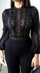 Nerine Crochet Lace Mesh Jumpsuit - Black
