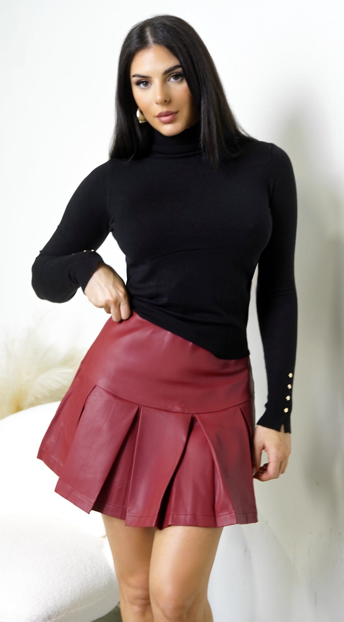 Nerix Pleated PU Leather Skirt - Brick Red