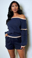 Frankfurt Off Shoulder Sweater Top in Blue close-up of faux fur texture