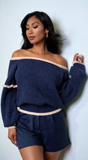Frankfurt Off Shoulder Sweater Top in Blue styled outfit flat lay