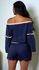 Frankfurt Off Shoulder Sweater Top in Blue side profile view on model