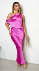 Lumen One Shoulder Slim Satin Maxi Dress in Pink close-up of satin fabric