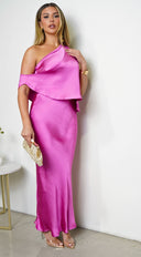 Lumen One Shoulder Slim Satin Maxi Dress in Pink styled outfit flat lay