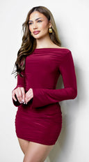 Viona Long Sleeve Mini Dress - Burgundy Red