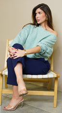 Zaylani Off Shoulder Knit Sweater Top in Mint back view on model