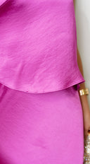 Lumen One Shoulder Slim Satin Maxi Dress in Pink close-up of neckline and shoulder detail