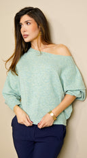 Zaylani Off Shoulder Knit Sweater Top in Mint full length front view on model