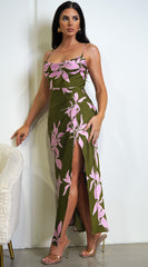 Cinzia Green Pink Floral Print Satin Maxi Dress