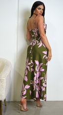 Cinzia Green Pink Floral Print Satin Maxi Dress