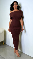 Lucretia One Shoulder Ribbed Midi Dress - Brown