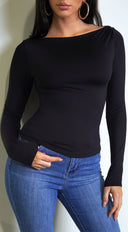 Rhylie Basic Boat Neck Long Sleeve Top in Black styled outfit flat lay