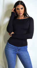 Rhylie Basic Boat Neck Long Sleeve Top in Black side profile view on model
