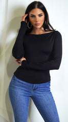 Rhylie Black Basic Boat Neck Long Sleeve Top